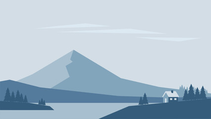Minimalistic winter landscape with mountains and water in Scandinavian style. Vector illustration in blue colors © Назарій