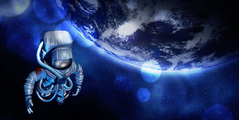Obraz premium Astronaut wearing special suit and celestial body in space. Banner design