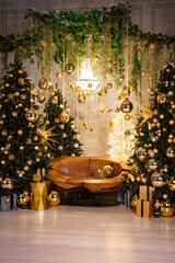 Luxury Christmas Living Room with Golden Decorations and Christmas Trees