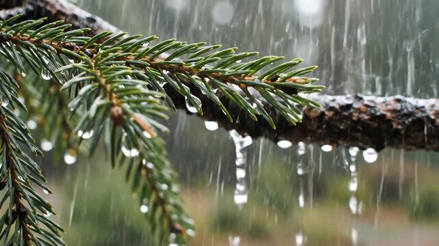 Closeup of pine tree branch with raindrops falling during a rainy day.