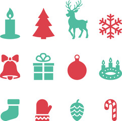 Weihnachtssymbole, Rentier, Kerze, Tannenbaum, Schneeflocke, Gl&ouml;ckchen, Geschenk, Baumkugel, Adventskranz, Advent, Schuh, Handschuh, Tannenzapfen, Lutscher, 