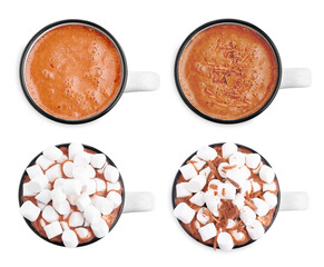 Tasty hot cocoa with marshmallows and chocolate shavings in cup isolated on white, collection. Top view
