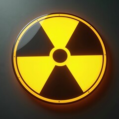 Fototapeta premium Radiation warning symbol glows bright yellow on dark background. Atomic hazard sign indicates danger from radioactive materials. Nuclear energy risk alert icon for safety precautions.