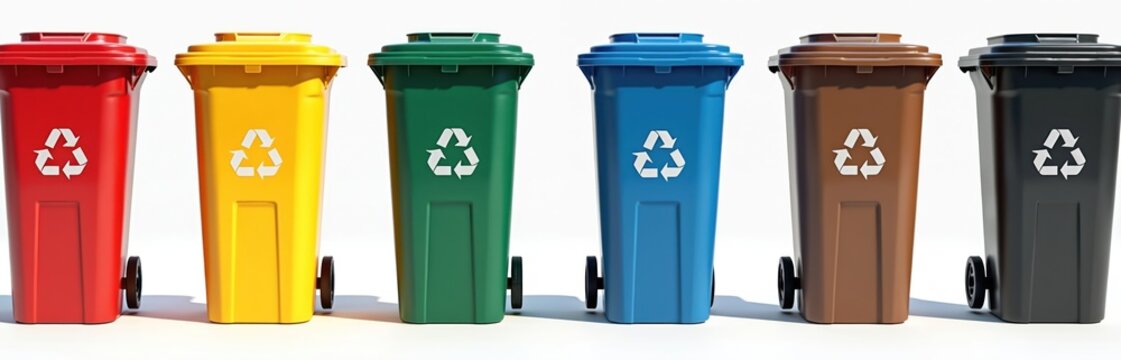 Set of multicolored plastic trash cans with recycling symbols stand in row. Different colored bins for waste sorting are on clean white background. They promote ecological, environmental conservation.