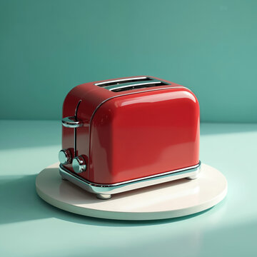 Retro red toaster sits on white plate against teal background. Shiny appliance prepares morning toast for breakfast meal. Classic kitchen equipment evokes nostalgia.