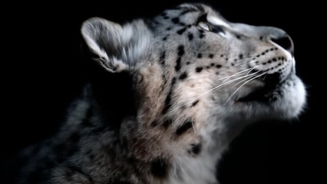 Snow leopard portrait against black background wildlife photography