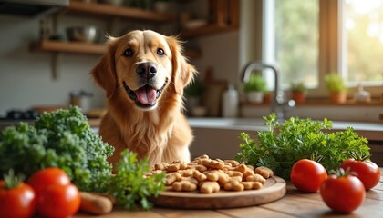 Happy golden retriever dog looks at bone shaped treats near fresh tomatoes kale parsley on kitchen table. Pet enjoys healthy meal preparation with natural ingredients for nutritious snack.