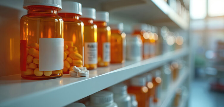Amber medicine bottles with pills line a pharmacy shelf. White labels and caps adorn orange containers. Small white tablets rest on the shelf near amber bottles, suggesting prescription drugs.