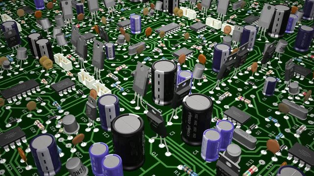Computer Motherboard - Circuit Elements, Micro Chips - Spinning Loop - Side Angle Close Up View - Realistic 4K 3D animation animation for your computer technology business background 