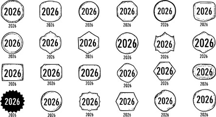 Collection of 2026 Year Seals, Stamps and Badges in Black and White Line Art Style - Vector Icons