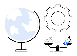 Global economy concept. A globe, gear, and financial balance globalization, economic growth, and technology integration. Global economy fosters development, trade and innovation. Business