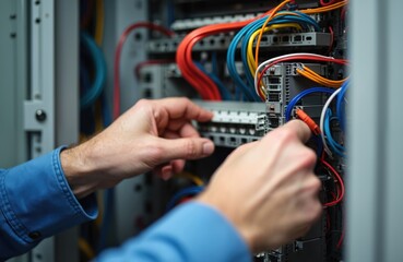 Technician connects cables in server rack for network setup. Hands work with wires in computer cabinet, configuring IT infrastructure. Man installs data center equipment.
