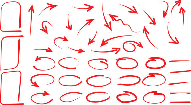 Collection of hand drawn red arrows circles and rectangular shapes for marking up documents or designs.
