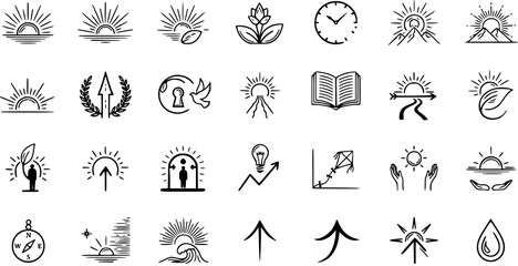 Black and White Line Art Icons: Sunrise, Growth, Success, Time, Nature, and Guidance Concepts