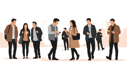 Obraz premium Group of diverse young adults walking and looking at their smartphones in an urban setting illustration