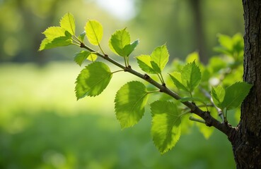 Fototapeta premium Close up of an ash tree branch with vibrant green leaves unfurling in sunlight. The textured bark and soft background blur highlight new growth. Suitable for nature, spring, and botanical themes.