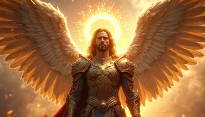 Archangel Michael stands armored with large wings. A brilliant halo surrounds him with golden light and sparks. He appears ready for divine battle against evil forces.
