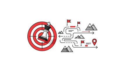 Chess king piece on target with complex roadmap and mountains symbolizing strategy and goal achievement