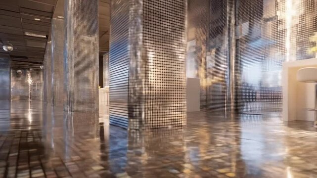 Interior shot of a modern hallway with metallic tile columns and reflecting floors