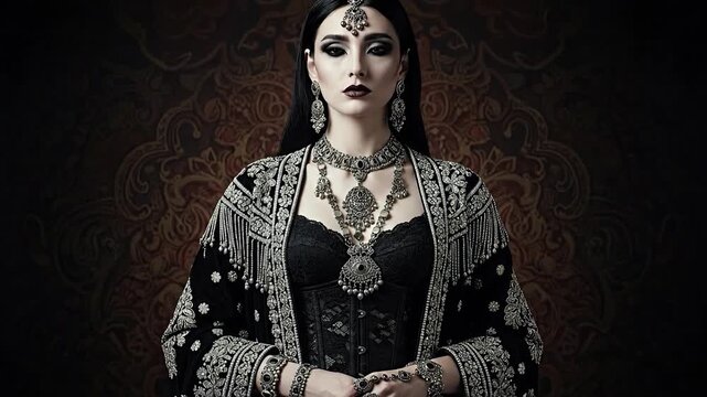 Mysterious Woman in Ornate Black and Silver Attire with Intricate Jewelry and Dark Makeup.