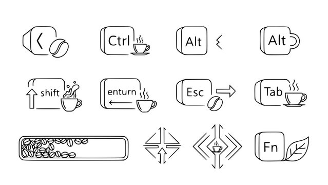 Computer keys icons display coffee imagery in a vector format illustrating workplace situations and concepts