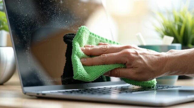 close up of a hand wiping dust off a laptop screen using a green microfiber cloth during routine device cleaning at home