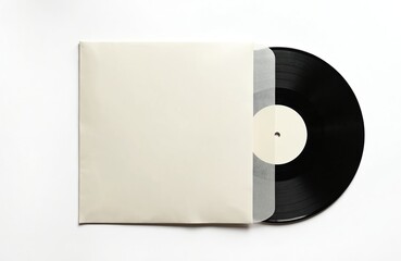Black vinyl record is partly in a simple paper sleeve. The album cover is blank and beige. Center label on disc is white. Mockup for music, retro audio or vinyl record shop promo.