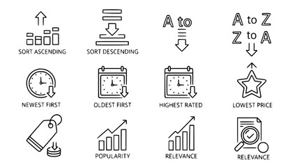 Sorting icons depict data hierarchy and chronology in a schematic arrangement on white