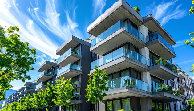 低層構成が美しいマンションと青空が示す不動産