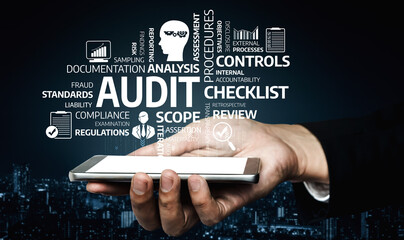 A professional hand holding a smartphone with an overlay of audit concepts such as compliance, analysis, and financial procedures, symbolizing modern business practices. Tessel