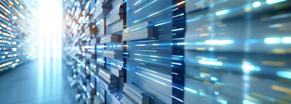 Digital Infrastructure: A futuristic image of a data center, with rows of servers and a sense of interconnectedness, depicting the backbone of the digital age. - Powered by Adobe