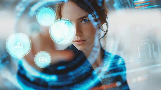 A determined woman uses a high tech holographic touchscreen, surrounded by glowing digital elements. The scene captures the essence of future technology and human computer interaction