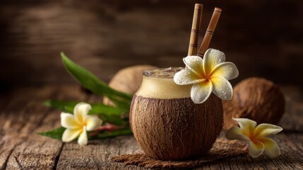 A refreshing tropical beverage, presented in a halved coconut shell with flowers and straws on a wooden surface