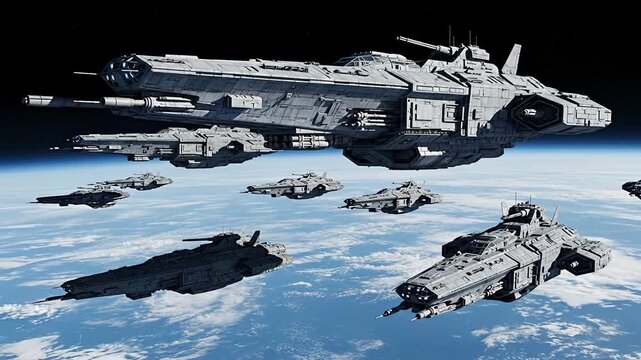 Space Fleet Formation Above Earths Atmosphere - A Sci-Fi Scene.