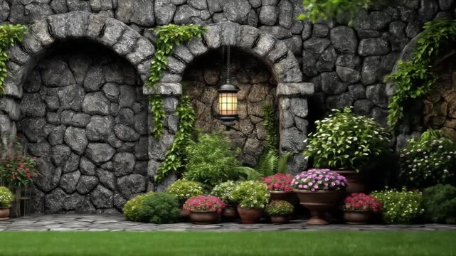 A stone wall featuring arched entrances adorned with hanging greenery, lanterns, and potted plants
