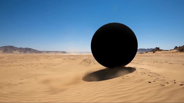 Surreal Black Sphere Floating Ominously Over Vast Desert Sands