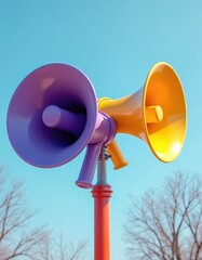 Two colorful megaphones, purple and yellow, stand against blue sky. Devices are ready for sound amplification and public announcement use. Simple design highlights alert.