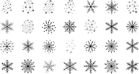 Diverse Collection of Black and White Snowflakes: Intricate  Simple Winter Holiday Designs. Perfect for Christmas Decorations, Seasonal Graphics, and Frozen Element Illustrations.