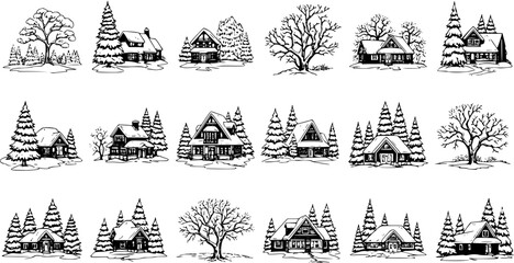 Black and White Hand-Drawn Winter Village Houses, Cabins, and Trees Collection. Seasonal Christmas Snowy Landscape Illustrations Set for Holidays.