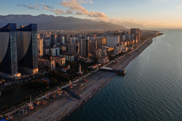 Drone aerial panoramic view of evening sunset at Batumi City, Georgia