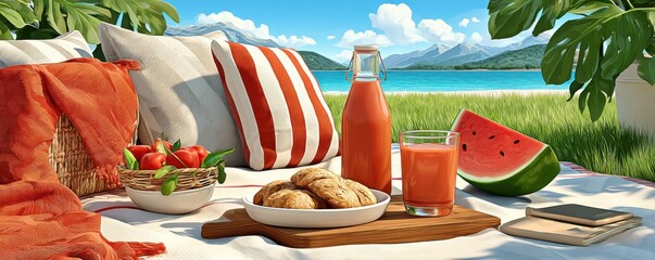 Picnic scene in a sunny meadow with basket bread cheese flowers and a scenic sea view