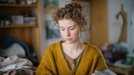 A decluttering coach guiding a client through emotionally charged items, gently helping them evaluate sentimental belongings while building healthy habits around mindful minimalism. cinematic color