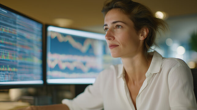 A female financial analyst reviewing multi-screen dashboards filled with market data, calmly navigating fluctuations with expertise &mdash; women excelling in finance, analytics, and decision-making.