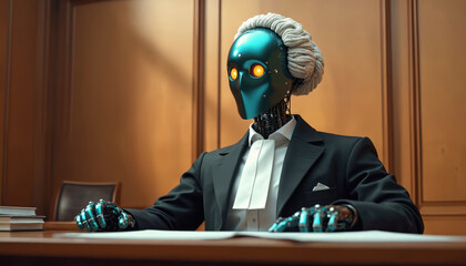 Robot lawyer sits at desk in courtroom. AI legal professional wears wig and suit. Futuristic justice system involves mechanical expert making decisions about cases.