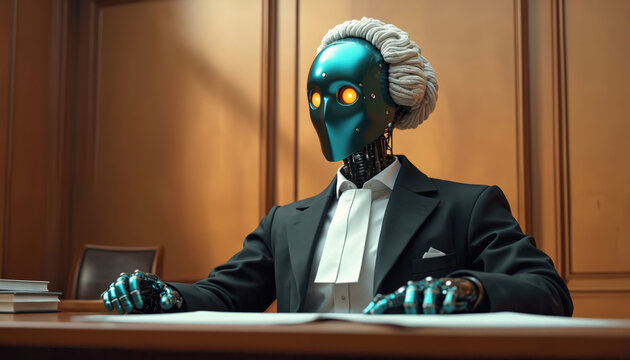 Robot lawyer sits at desk in courtroom. AI legal professional wears wig and suit. Futuristic justice system involves mechanical expert making decisions about cases. - Powered by Adobe