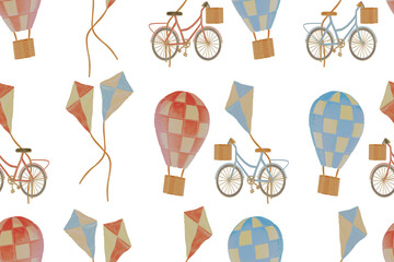 Pattern in watercolor style. Pattern in bicycle, kites and hot air balloon. Suitable for baby clothing, bag or pillow.