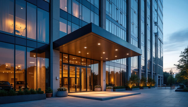 Modern hotel entrance features glass facade and canopy lit at dusk. Sleek architecture offers luxury urban accommodation. Cars parked nearby suggest guest arrival.