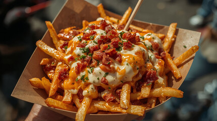 Delicious loaded French fries with cheese, bacon, and herbs