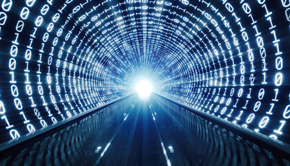 Digital tunnel of binary code and light moving towards bright end point illuminating dark space
