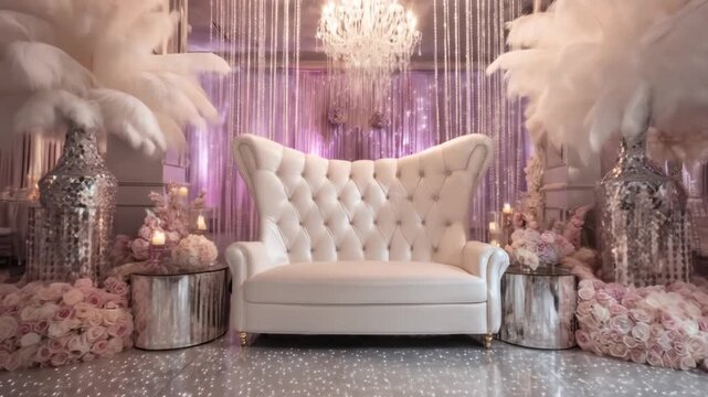 A glamorous event backdrop features a white tufted settee, flowers, and crystal accents